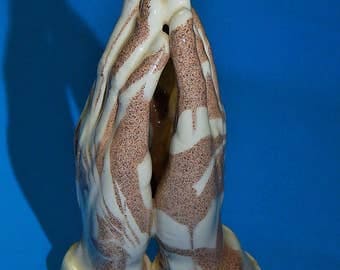 3 3/4" Mount St. Helen's Ash Praying Hands Statue Figurine Cougar Ceramics Washington State Signed