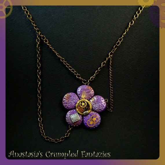 Purple steampunk flower statement necklace, Polymer clay pendant, Watch clock parts gears contraption jewelry, Whimsical fantasy scifi fan by CrumpledFantazies steampunk buy now online Purple steampunk flower statement necklace, Polymer clay pendant, Watch clock parts gears contraption jewelry, Whimsical fantasy scifi fan by CrumpledFantazies steampunk buy now online