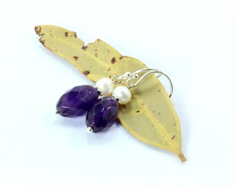 Amethyst Earrings, Sterling Silver Earrings, Amethyst Dangle Earrings, Pearl Earrings, Silver Earrings, Sterling Silver, February Birthstone