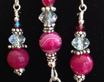 Pink Banded Agate Sterling Silver Bracelet & Earrings Set (S4)
