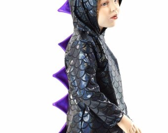 Childrens Black Dragon Scale Long Sleeve Hoodie with Purple Holographic Spikes Kids Sizes 2T 3T 4T and 5-12 Toothless 152045