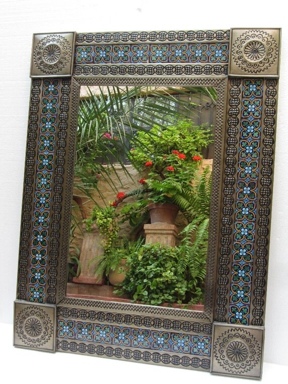 PUNCHED TIN MIRROR mixed talavera tile mexican folk art