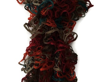 Frilly Ruffle Scarf, Red Orange Soft Bouncy Winter Scarf, Ladies Brown Teal Ruffled Loopy Scarf
