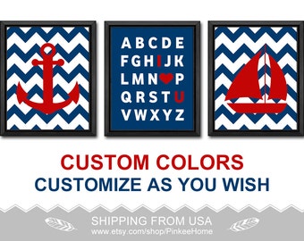 nautical nursery wall decor chevron, nautical theme baby shower navy red, nautical nursery art, nautical toddler room, nautical boys room