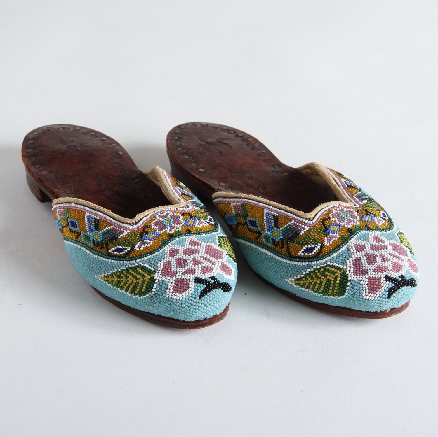 Peranakan Glass Beaded Nyonya Slippers with Leather Sole