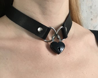 Black heart choker Black leather choker Black BDSM choker Black slave collar Black heart lock necklace Black heart padlock Valentines gift