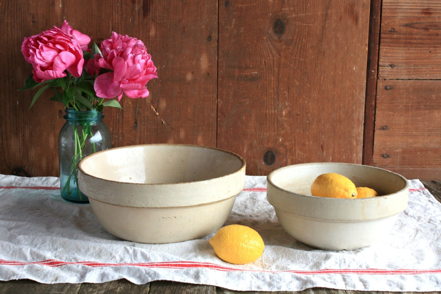 2 Vintage Stoneware Bowls Farmhouse Serving Bowl Rustic