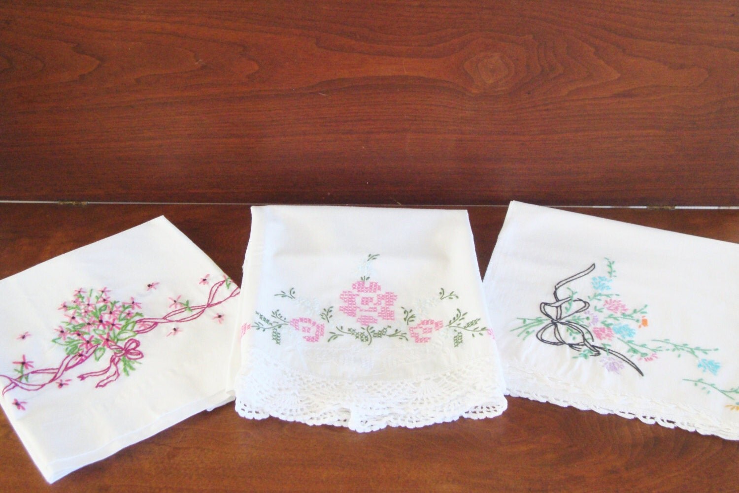 3 Embroidered Pillowcases / Pillow Cases Pink by RamblinRanch