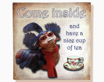 Labyrinth worm, "Come inside and have a nice cup of tea", handmade 8"x8" wooden wall art