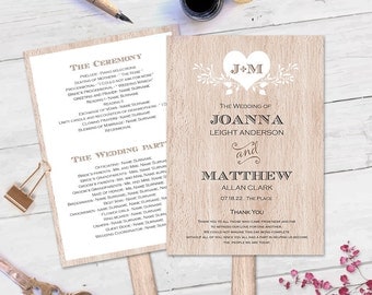 Rustic wedding program template-DIY wedding program fan template-Printable-Instant download-rustic| wooden| heart-T81