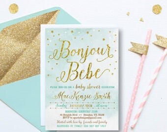 gold baby boy shower invitation, French baby shower Invitation, Bonjour Bebe Shower Invitations, gold dots, Aqua, gold, turquoise, GO