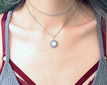 Opal Choker Necklace Double Chain Choker Necklace Opal Necklace Layered Choker Silver Chain Choker Boho Grunge Jewelry Witchy Bohemian