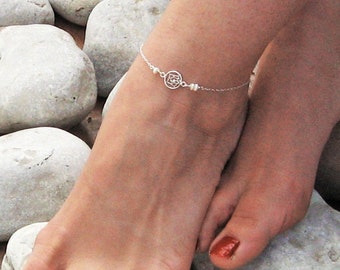 Dream Catcher Anklet, Sterling Silver Ankle Bracelet, White Freshwater Pearl, Beach Foot Jewelry, Bridesmaid Anklet, Summer Body Jewelry