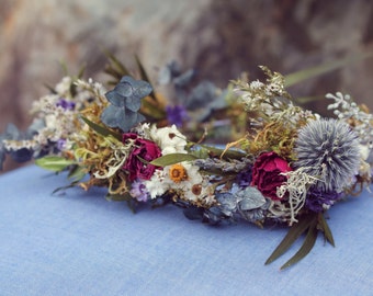 custom bridal crown, dried flower crown, woodland flower crown, lavender bridal crown, eucalyptus crown, greenery crown, light blue crown