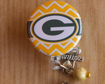 Green Bay Packers ID Badge Holder with Dangle Beads and Football Charm - Nurse Badge Reel - Football Reel - Badge Holder