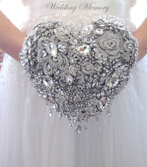 Heart shaped silver brooch bouquet. Alternative heart wedding
