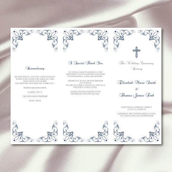 Catholic Wedding Program Template Navy Blue Cross Trifold