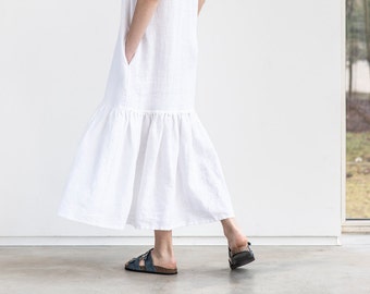 Drop ruffle maxi linen dress. Washed and soft linen dress in white