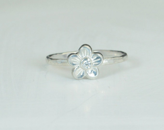 Small Flower CZ Diamond Ring, Silver Diamond Ring, Aril Birthstone, Forget Me Not, Flower Jewelry, Sterling Silver Flower Ring, Floral Ring