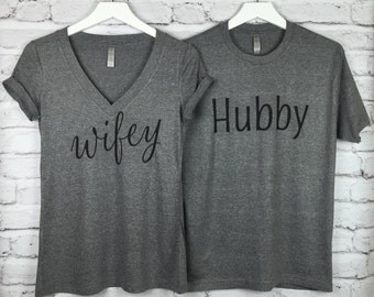 Hubby Wifey Shirts. Hubby Shirt. Wifey Shirt. Honeymoon Shirts. Hubby Tshirt. Wifey Vneck Tshirt. Bride Gift. Bridal Shower Gift. Groom Gift