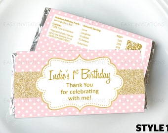 Pink Gold Chocolate Wrapper, candy, pink and gold party favors, Customized, Personalised, Birthday Party, Digital, Printable, hershey, aldi