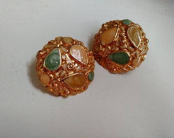 Sale! Vintage Gold Clip-On Earrings w/Enamel Detail