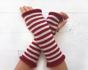 CHRISTMAS GIFT, EXPRESS Shipping, Striped Gloves, Burgundy Cream, Long Gloves, Xmas, Gift For Her, Fingerless Gloves, Arm Warmers, Stripes
