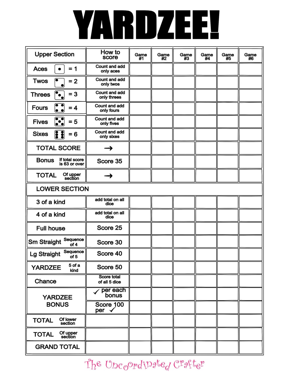 Printable YARDZEE Score Card file with Uncoordinated Crafter