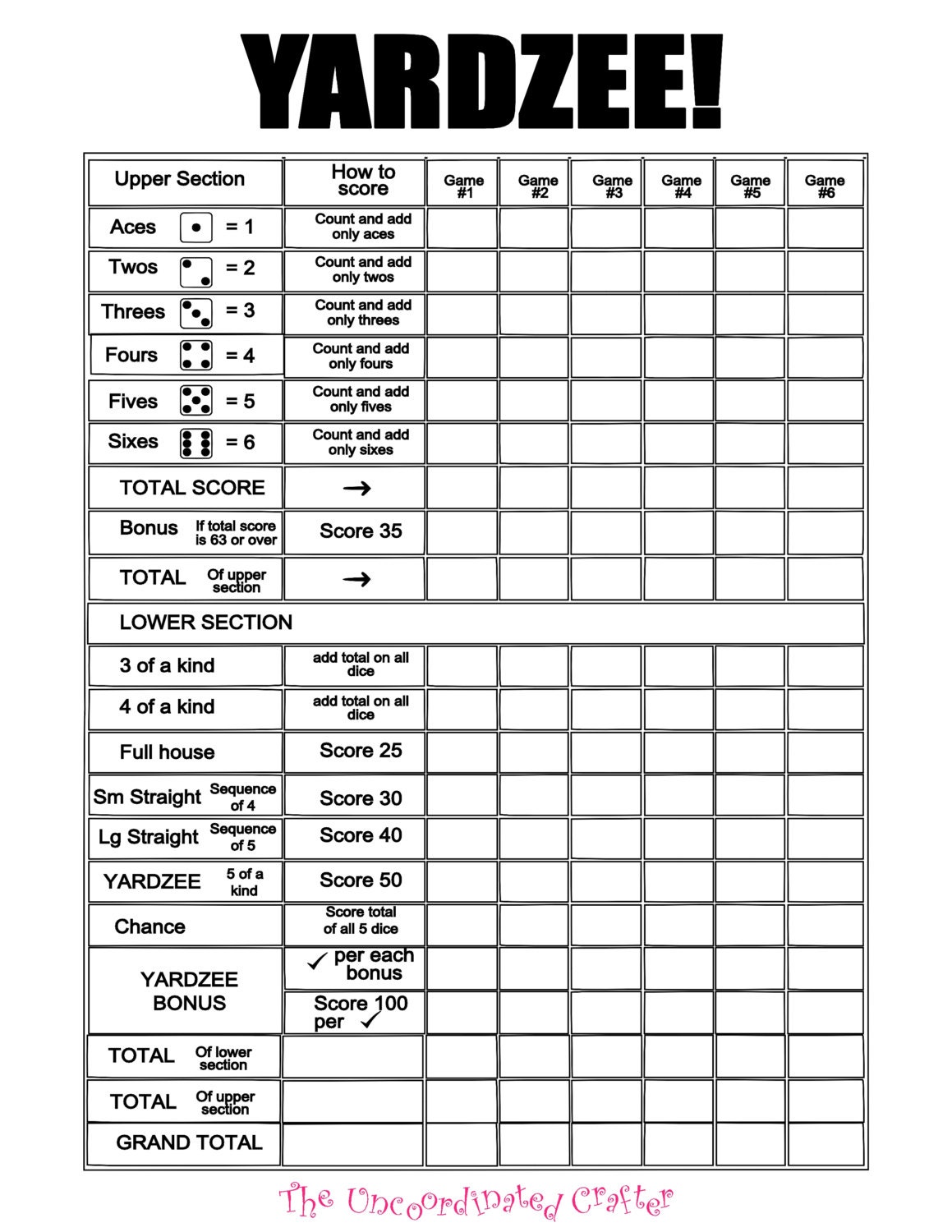 Yardzee Rules Printable Free Printable World Holiday