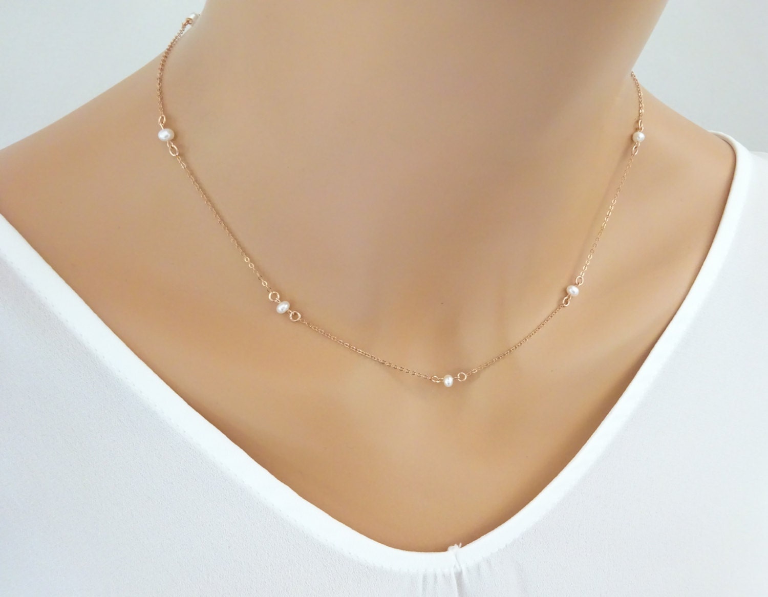 Delicate Freshwater Pearl Necklace In Rose Gold Gold Fill