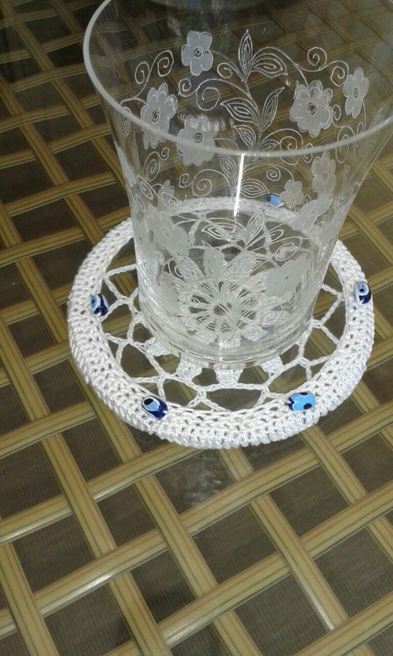 Items similar to Lace crochet glass coaster set with evil eyes on Etsy