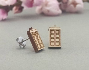 Doctor Who TARDIS Earrings - Laser Engraved Wood Earrings - Hypoallergenic Titanium Post Earring Pair