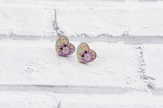 Flower earrings - button earrings - funky earrings - flower studs - heart earrings