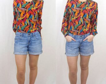 Vintage Bright Colored Feather Pattern Blouse