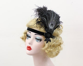 Silver Flapper Headband, Great Gatsby Headpiece, Black Feather Fascinator, Girls or Womens Dance Costume, Prom Hair Accessory