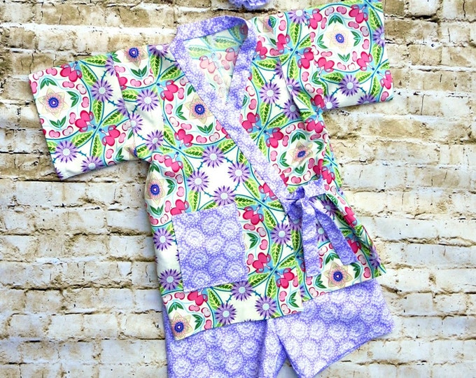 Little Girls Short Set - Kids Japanese Kimono - Toddler Girl Clothes - Purple - Birthday Outfit - Hospital - Boutique - sizes 2T to 10 years
