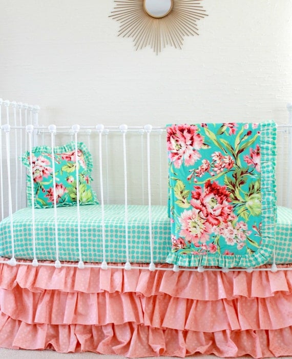 Coral and Turquoise Crib Bedding in Tropical Floral with Peach