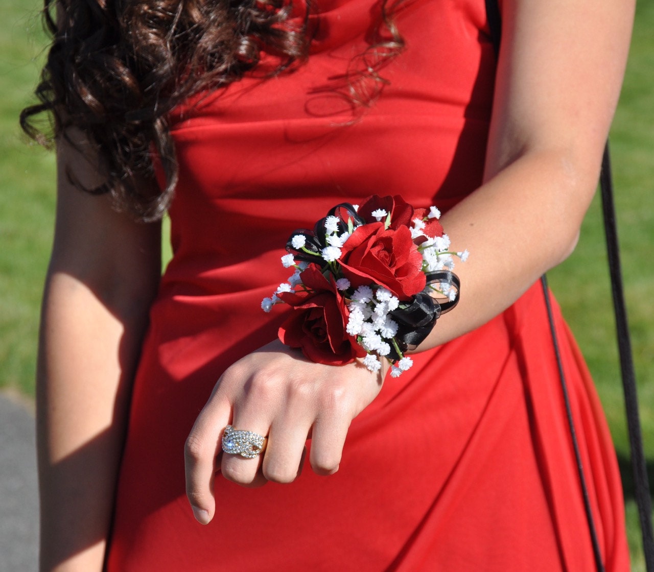 Prom or Wedding Corsage made with Red Roses Babies Breath on