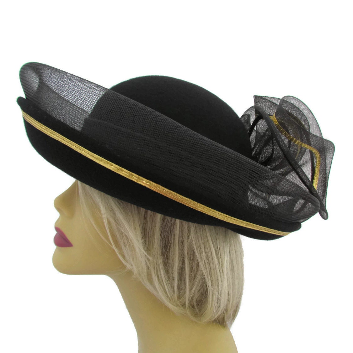Black Derby Hat Fancy Fascinator Black Wool Wide Brim Hat