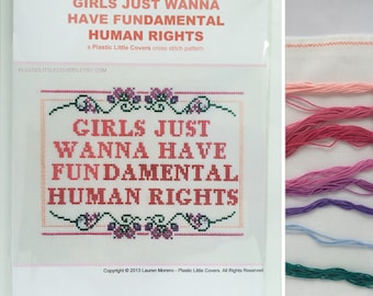 Cross Stitch Kit "Girls Just Wanna Have Fundamental Human Rights". Modern feminist cross stitch. Counted cross stitch DIY kit.