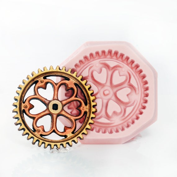 Silicone Mold Large Gear Cog with Heart Shape Filigree Steampunk Mold Food Safe Fondant Chocolate Mold Resin Polymer Clay Epoxy Clay (555) by MoldMeShapeMe steampunk buy now online