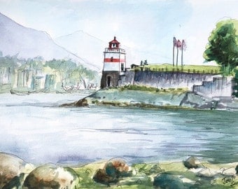 Lighthouse at Stanley Park, Vancouver, Watercolors paintings original, Canadian Watercolor Painting Original, Canada painting, Canada
