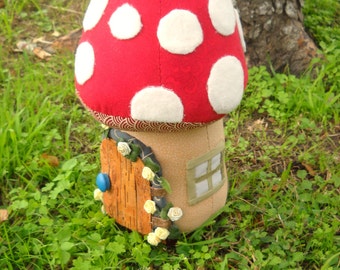 Toadstool doorstop - fairy door & window - made to order - with realistic birch door - large size doorstop or colorful room accent