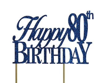 Blue Happy-80th-Birthday Cake Topper, 1pc, Birthday, Blue Glitter, Cake Decor, Handcrafted Party Decor, Party Supplies