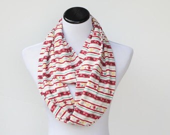 Christmas infinity scarf scandinavian stripes snowflakes soft cotton jersey knit snood scarf - Christmas loop scarf - gift idea for her