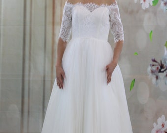 Little princess off-shoulder half sleeve length tulle ball gown tea length wedding dress