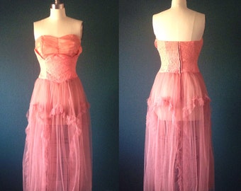 Pink dress- Pink gown- Ballerina dress-Pink lace dress-Tulle dress-Pink wedding dress-1950s dress-50s tulle dress-Prom dress