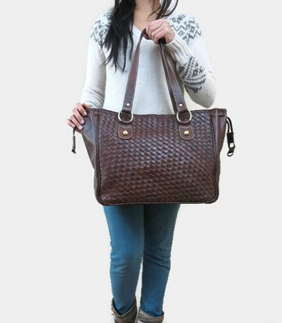 Sale Big leather bag zipper tote bag laptop bag by DeMamora
