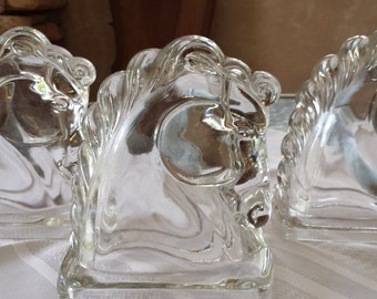 Vintage Clear Glass Horse Head Bookends by Federal Glass - Equine - Mid Century 3 total 1950 DG494