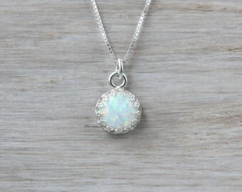 White opal necklace, sterling silver, bridal wedding necklace, gift for bridesmaid or maid of honor, October birthstone, 8 mm white lab opal
